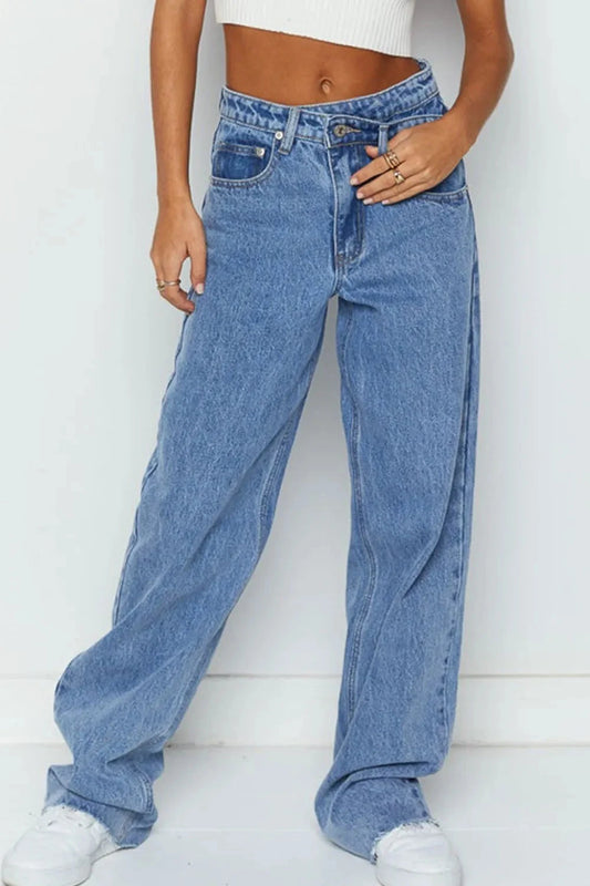 Mid Rise Asymmetrical Waist Wide Leg Jeans Simply Love