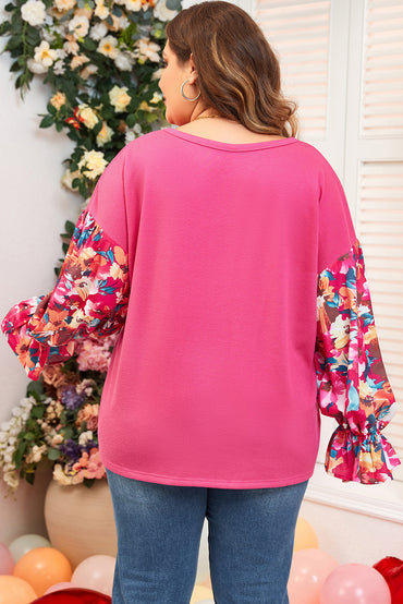 Bright pink floral flounce sleeve plus-size top with ribbed knit comfort