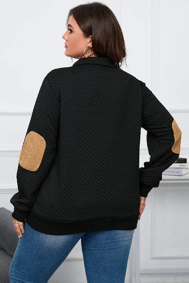 Cozy black plus size quilted plaid patch henley sweatshirt