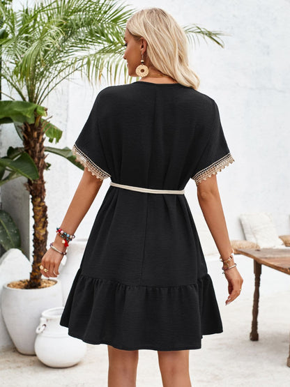 Ruffled V-Neck Half Sleeve Mini Dress.