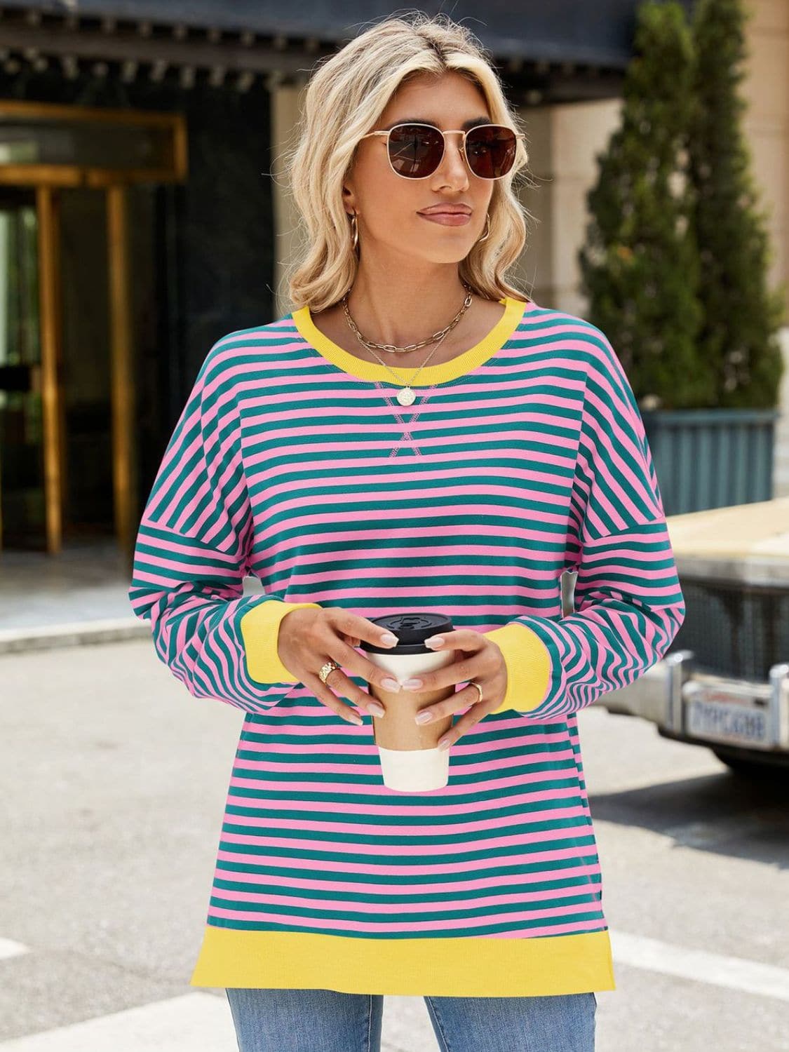 Slit Striped Round Neck Long Sleeve Sweatshirt.