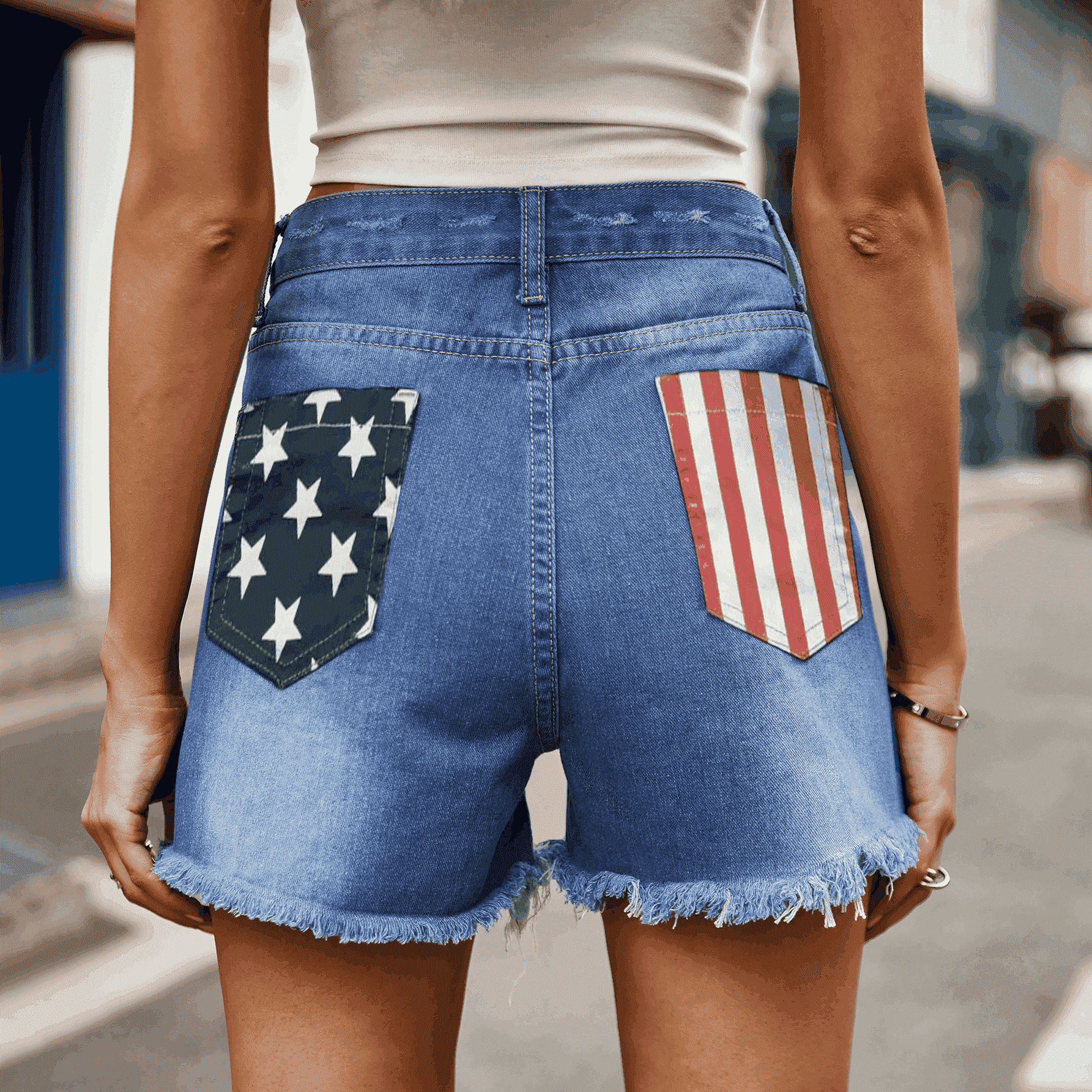 US Flag Distressed Denim Shorts.