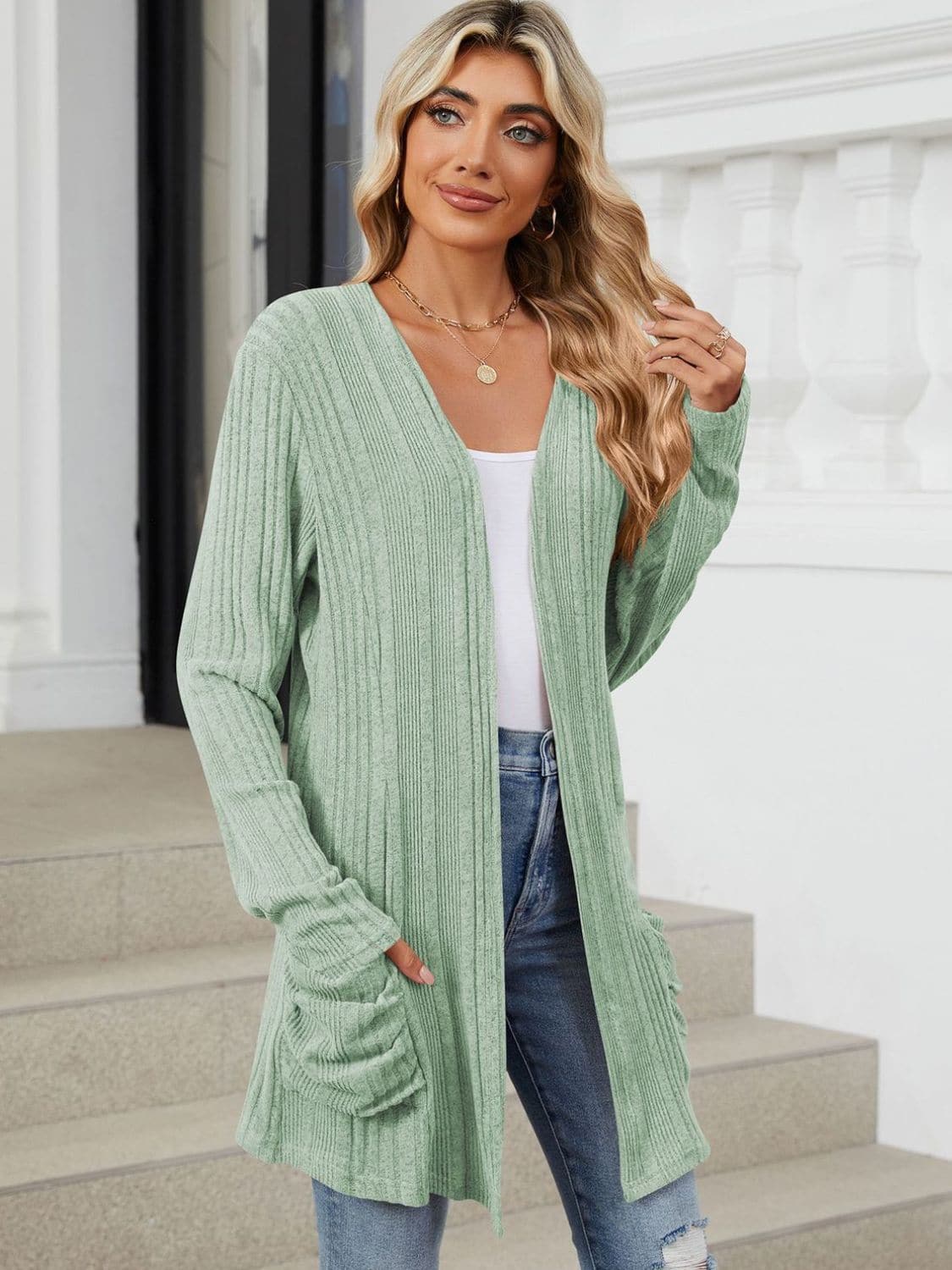 Pocketed Open Front Long Sleeve Cardigan.