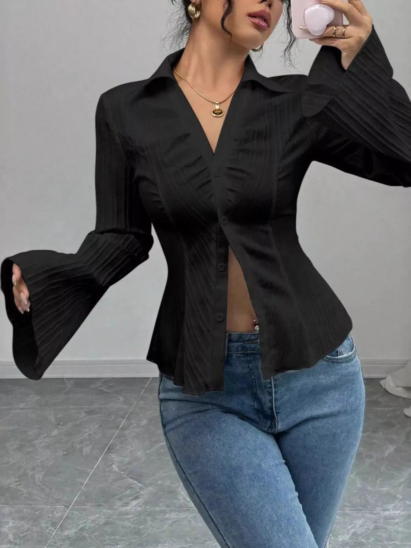 Flare Sleeve Button Up Shirt Simply Love