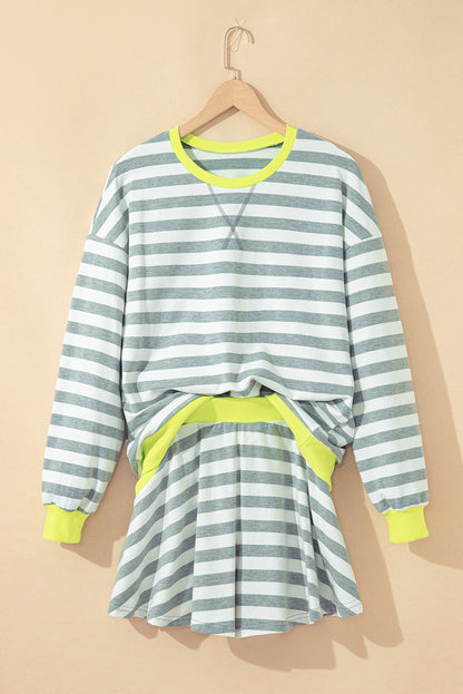 Premium Gray Stripe Ribbed Long Sleeve Blouse Plus Shorts Set