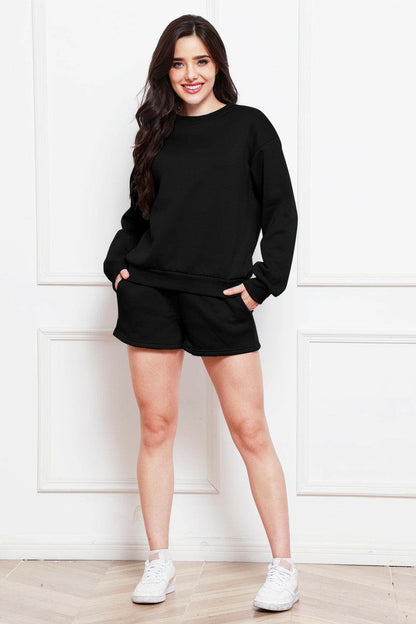 Round Neck Long Sleeve Sweatshirt and Drawstring Shorts Set.