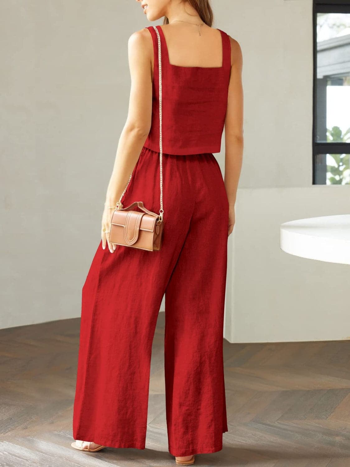 Square Neck Top and Wide Leg Pants Set.