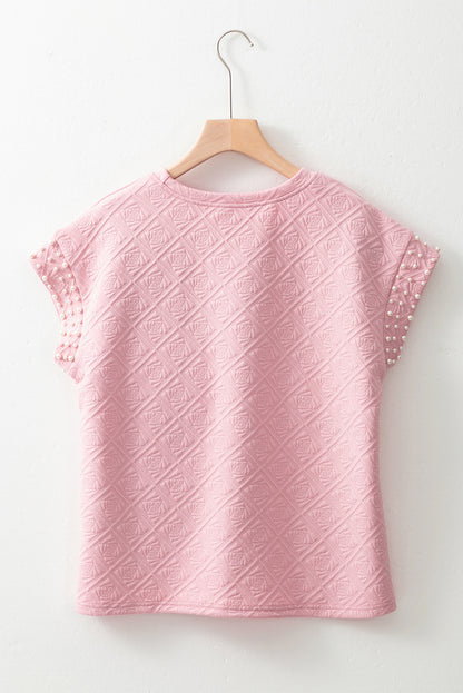 Light Pink Pearl Embellished Flower Textured T Shirt For Women