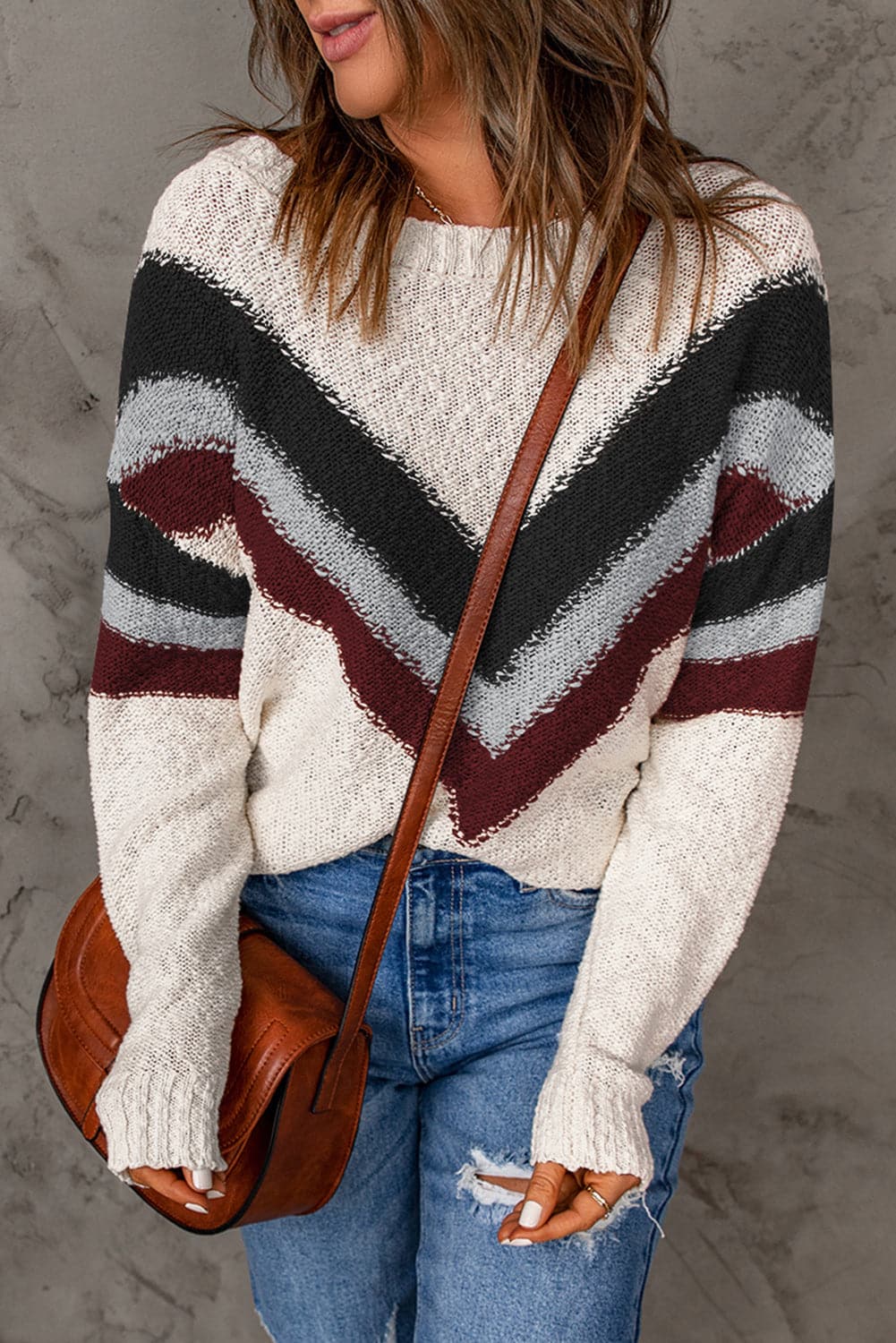 Contrast Round Neck Dropped Shoulder Sweater.