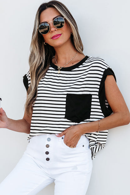 Chic Black Striped Tank Top with Chest Pocket