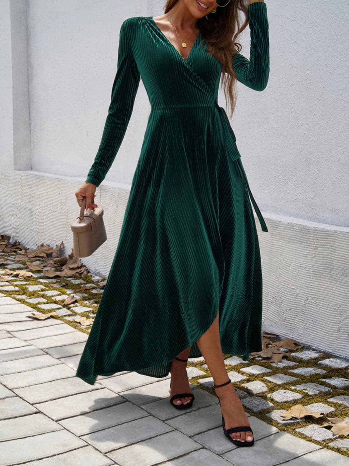 Split Surplice Long Sleeve Midi Dress.