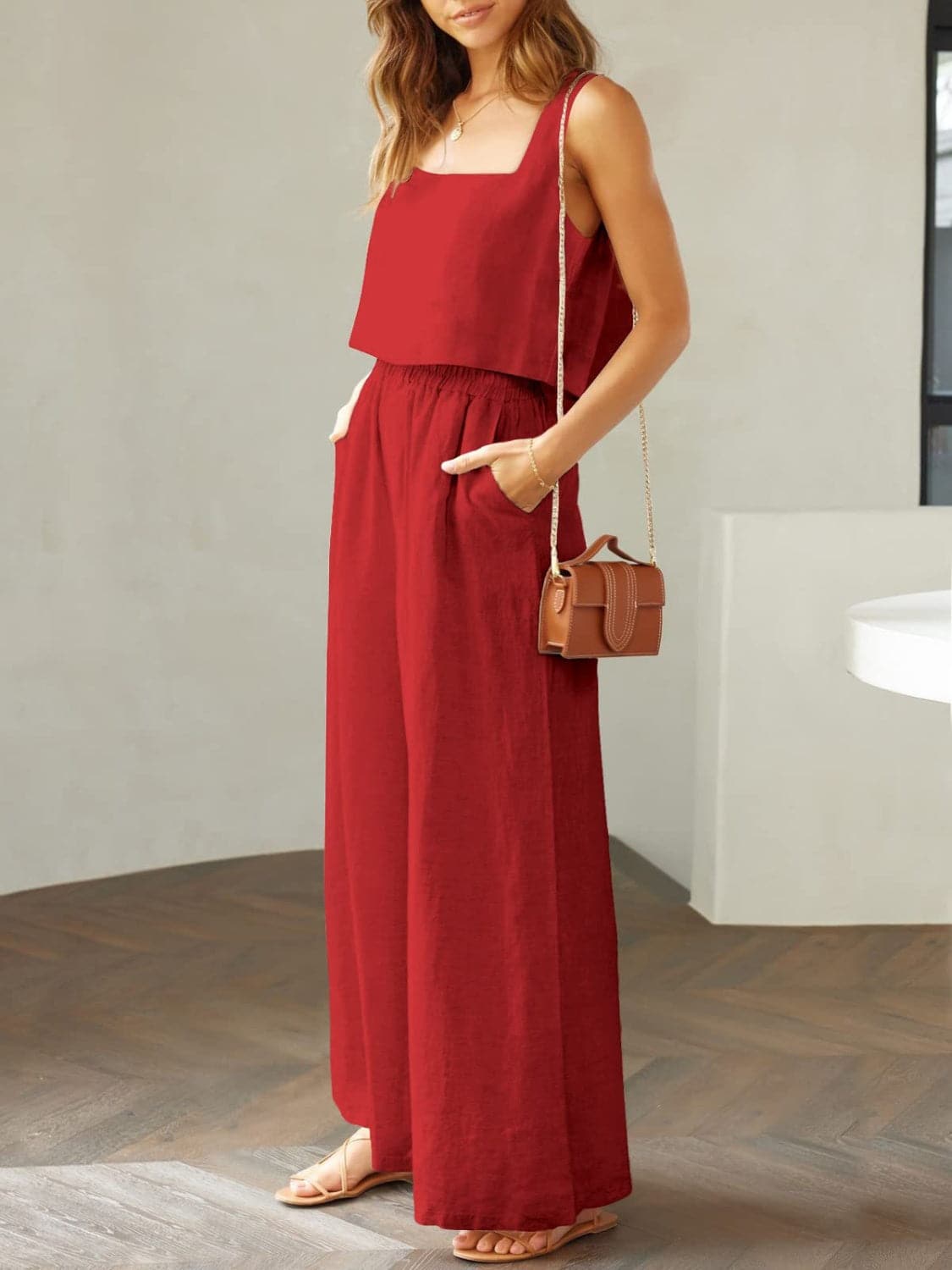 Square Neck Top and Wide Leg Pants Set.