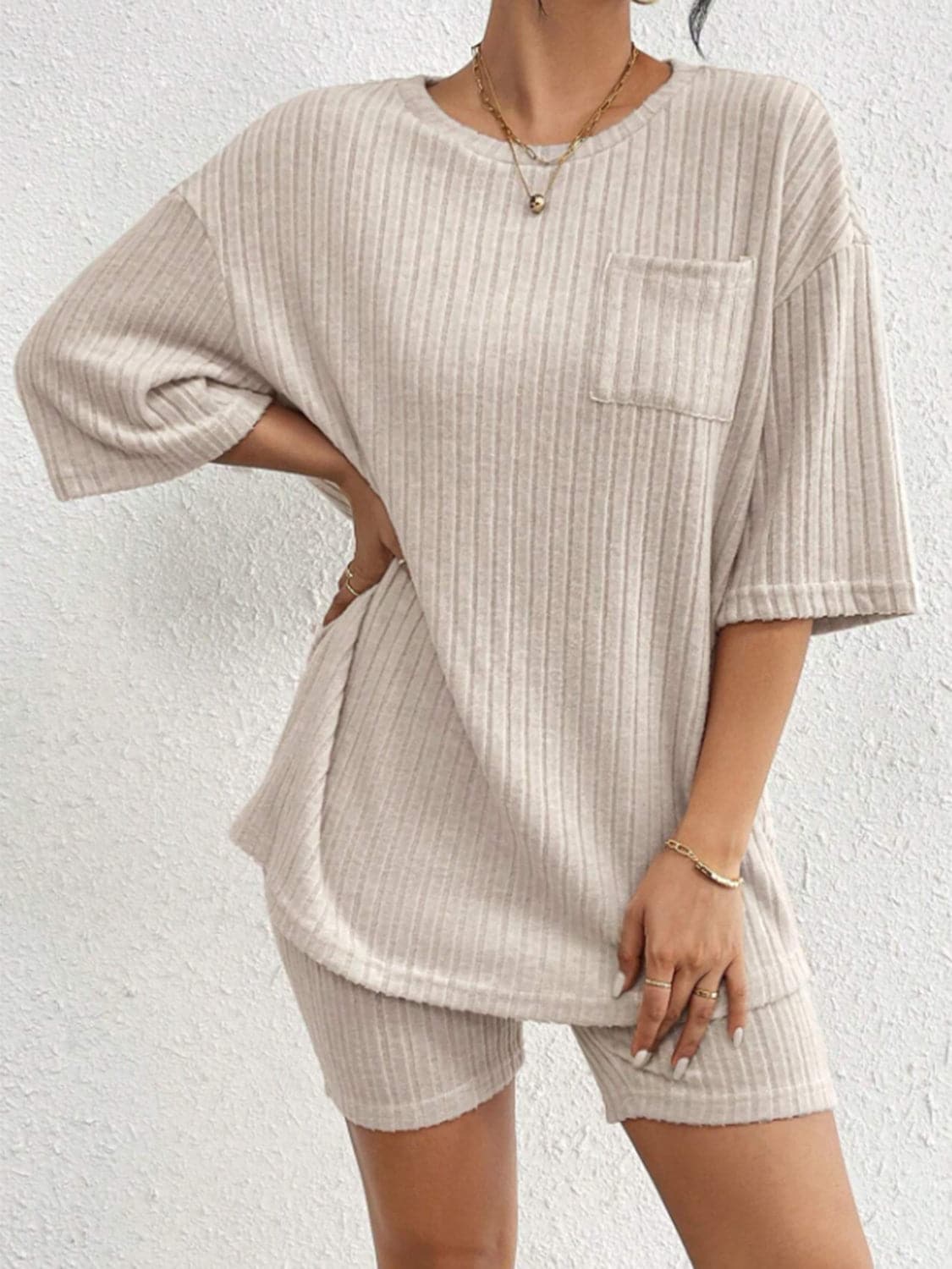 Ribbed Round Neck Top and Shorts Set.