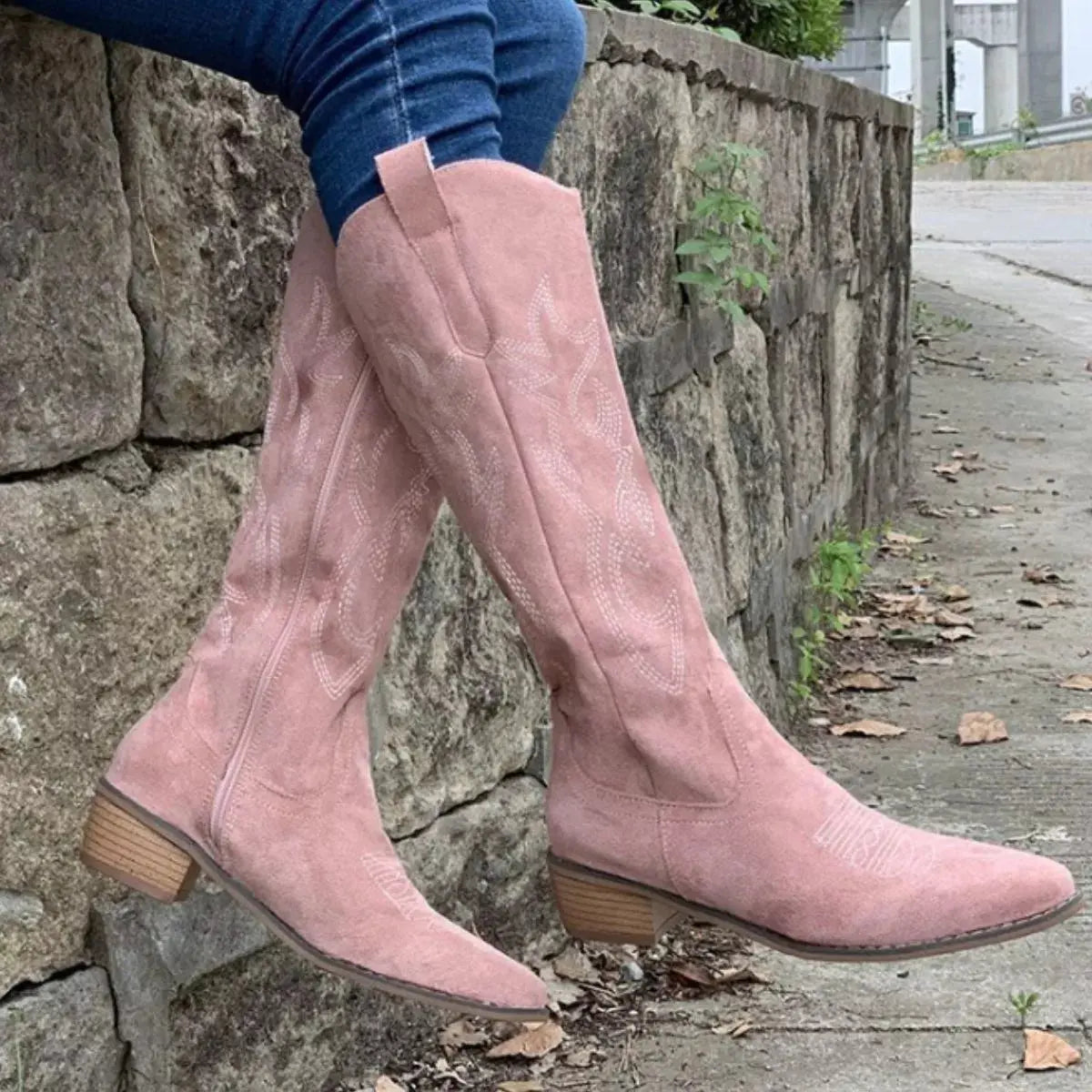 White Suede Point Toe Block Heel Boots For Women Mid Heel Simply Love