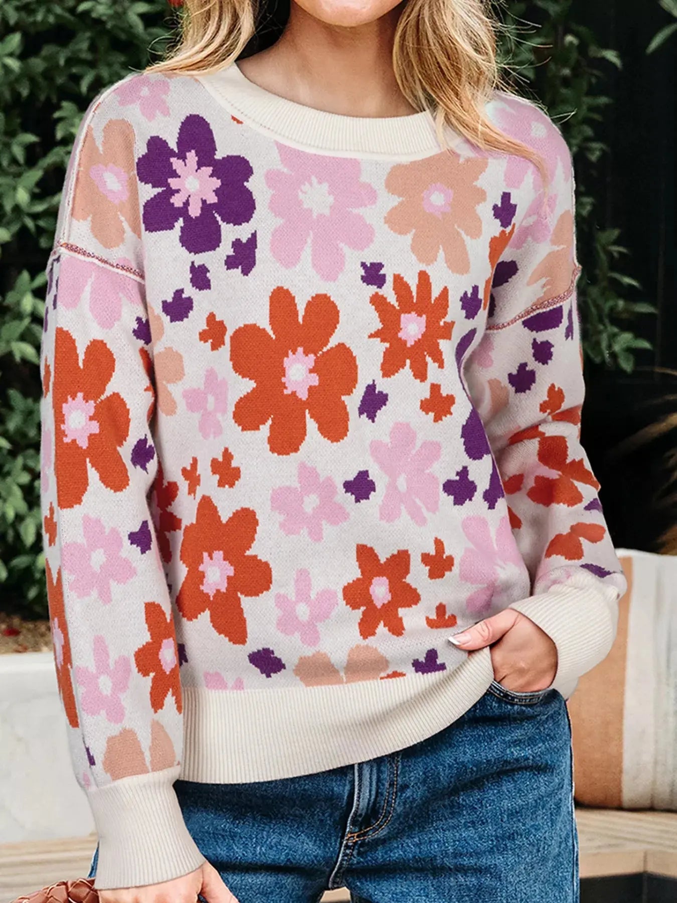 Floral Pattern Drop Shoulder Sweater Simply Love