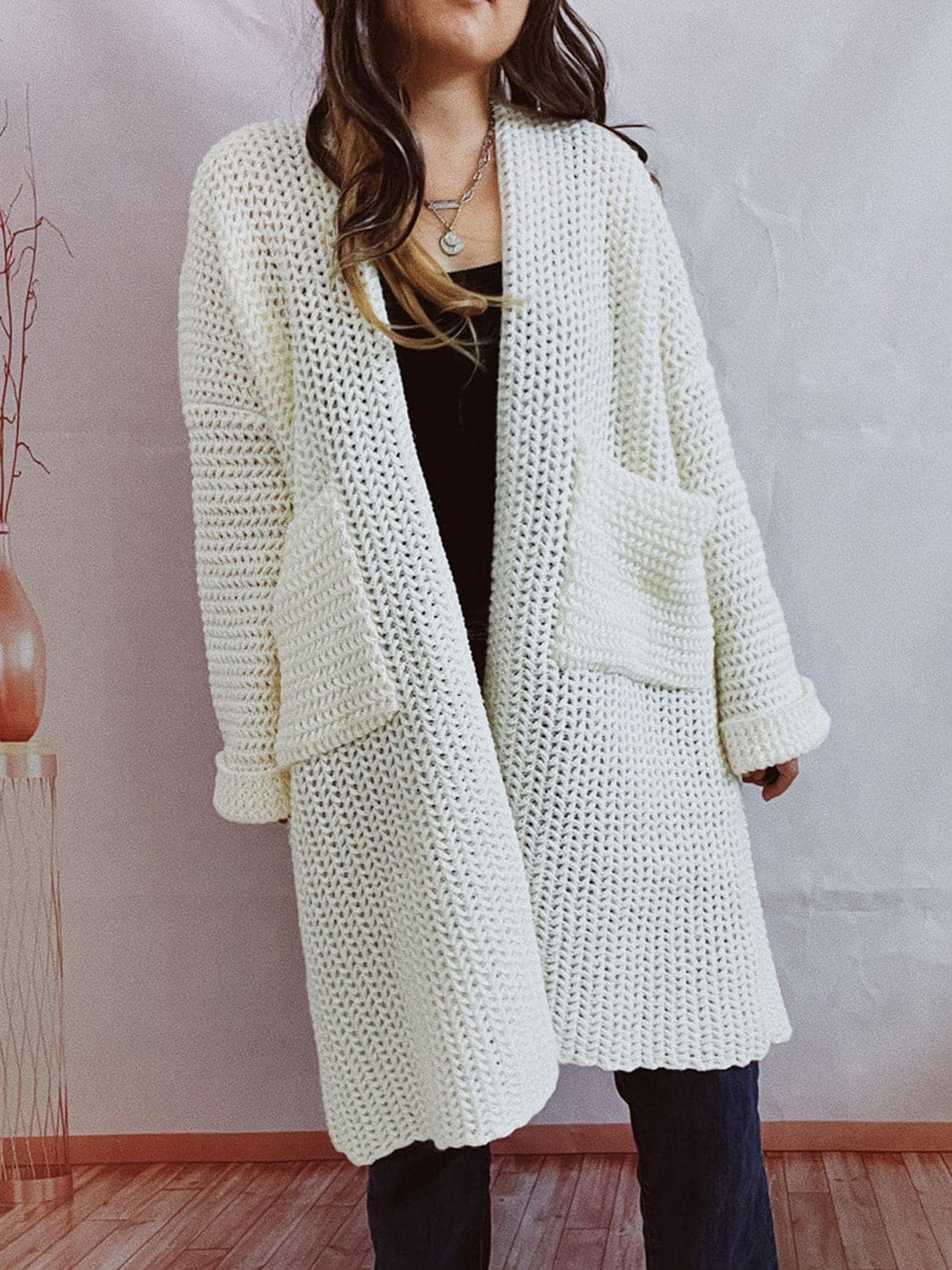 Open Front Long Sleeve Cardigan with Pockets.