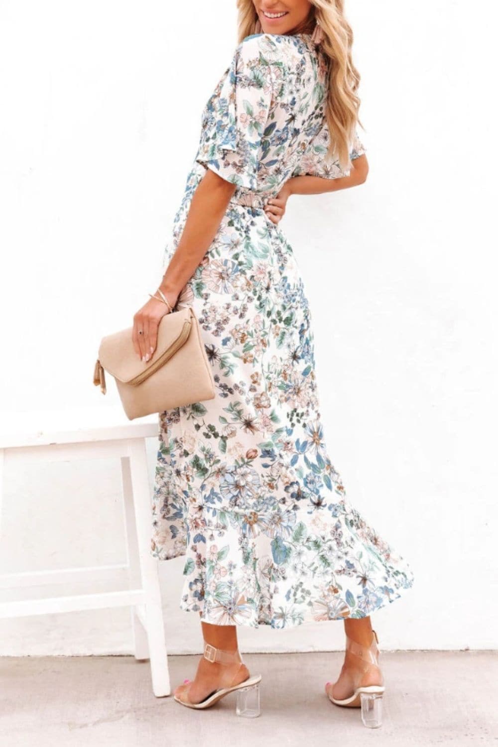 High-Low Printed Surplice Flutter Sleeve Midi Dress.