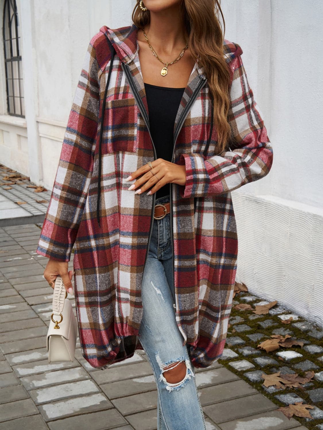 Plaid Zip Up Hooded Coat.