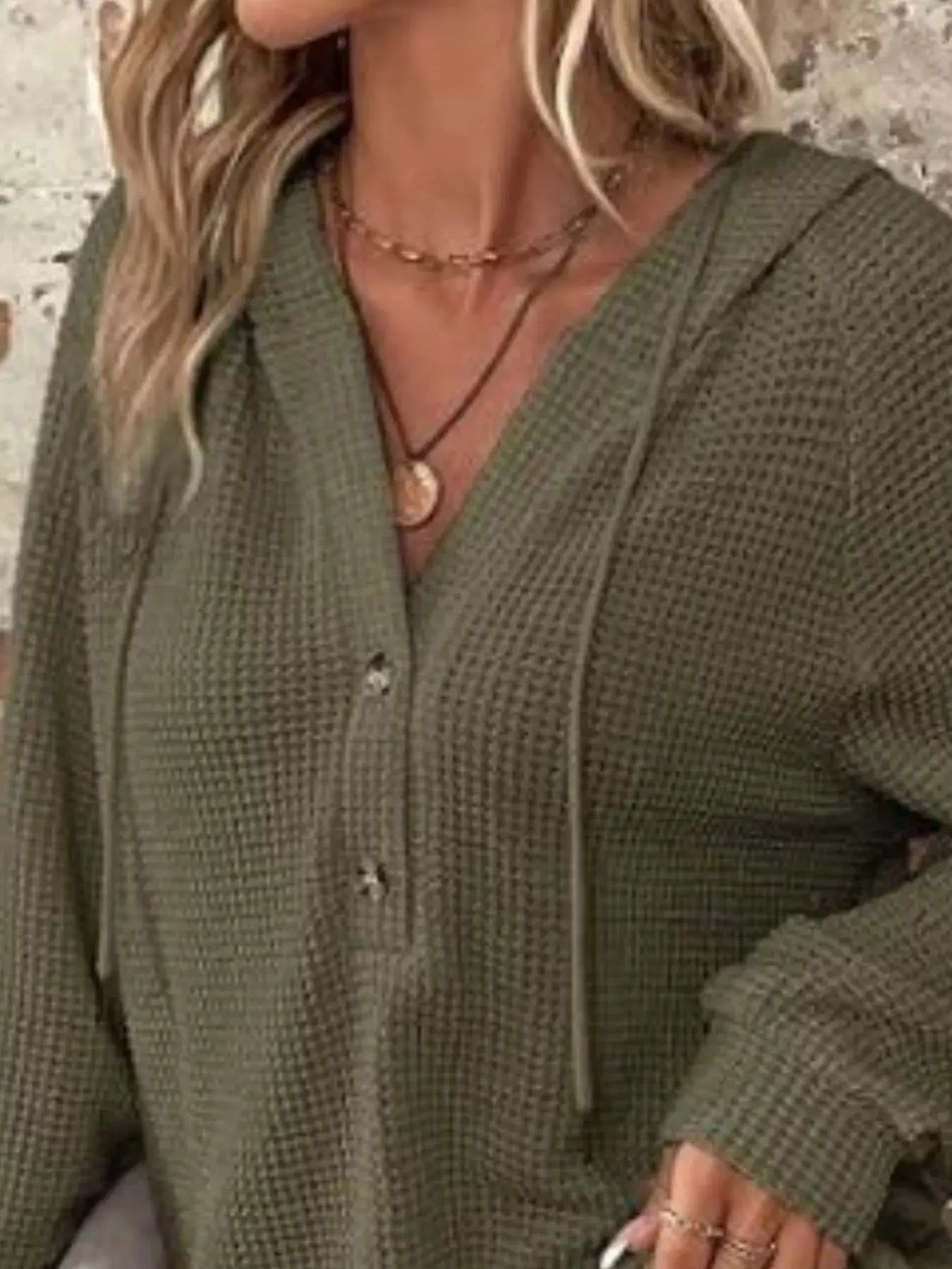 Waffle Knit Button Detail Hoodie Simply Love