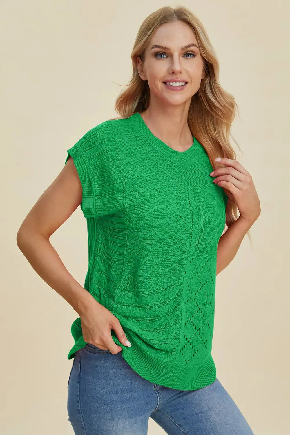 Double Take Full Size Cable-Knit Round Neck Cap Sleeve Sweater - Love Salve