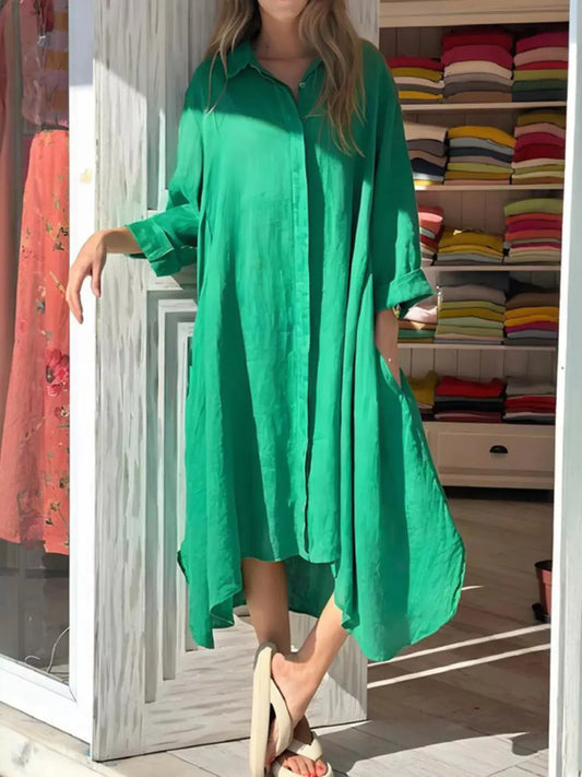 Button Front Shirt Dress With Pockets Long Sleeve Cotton Blend Asymmetrical Hem Simply Love