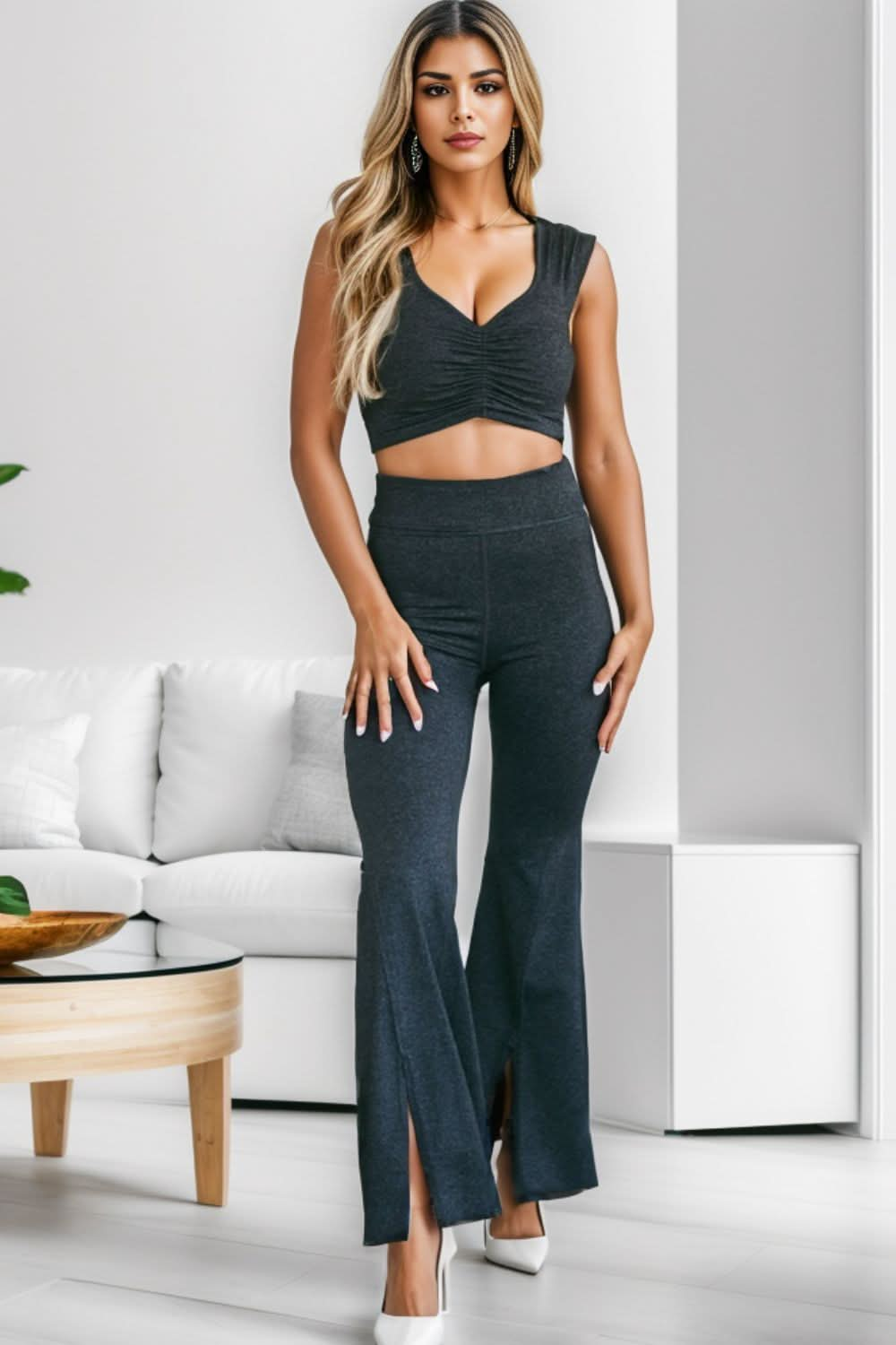 Ruched Cutout Tank and Slit Pants Set.