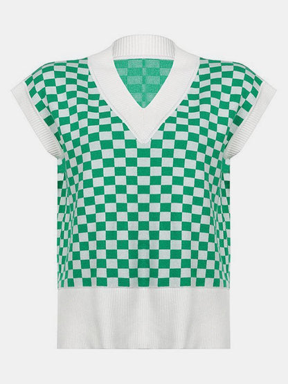 Full Size Checkered V-Neck Cap Sleeve Sweater.