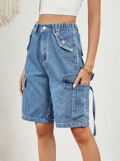 Buttoned Elastic Waist Denim Shorts with Pockets.