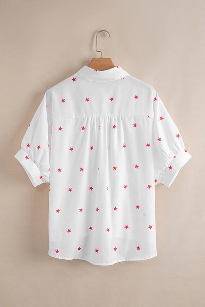 White Little Stars Printed Loose Half Sleeve Shirt for Women