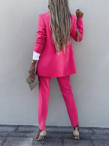 Lapel Collar Long Sleeve Blazer and Pants Set.