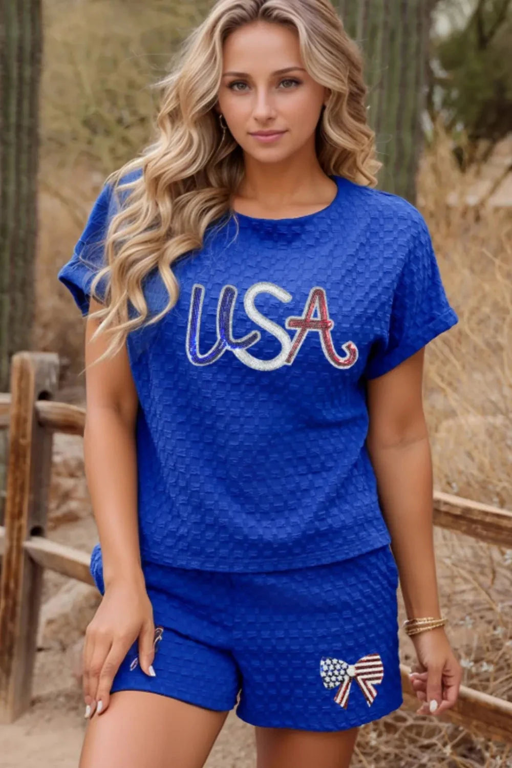 Textured Sequined USA Top and Bowknot Shorts Set Simply Love