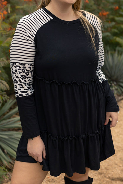 Chic black plus size ruffled dress with leopard and striped sleeves