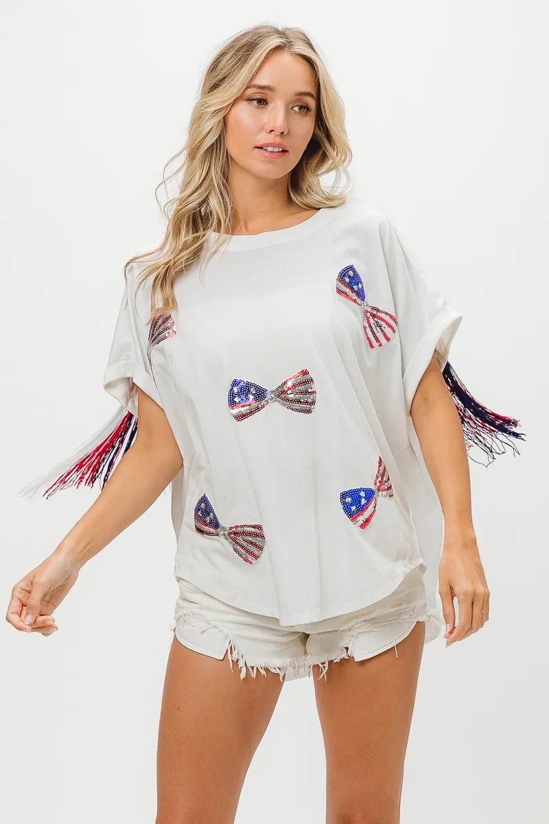 BiBi American Flag Sequin Ribbon T-Shirt - Love Salve 