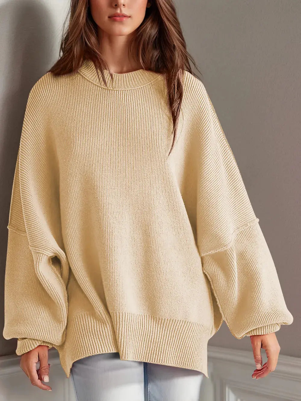 Double Take Side Slit Round Neck Long Sleeve Sweater - Love Salve