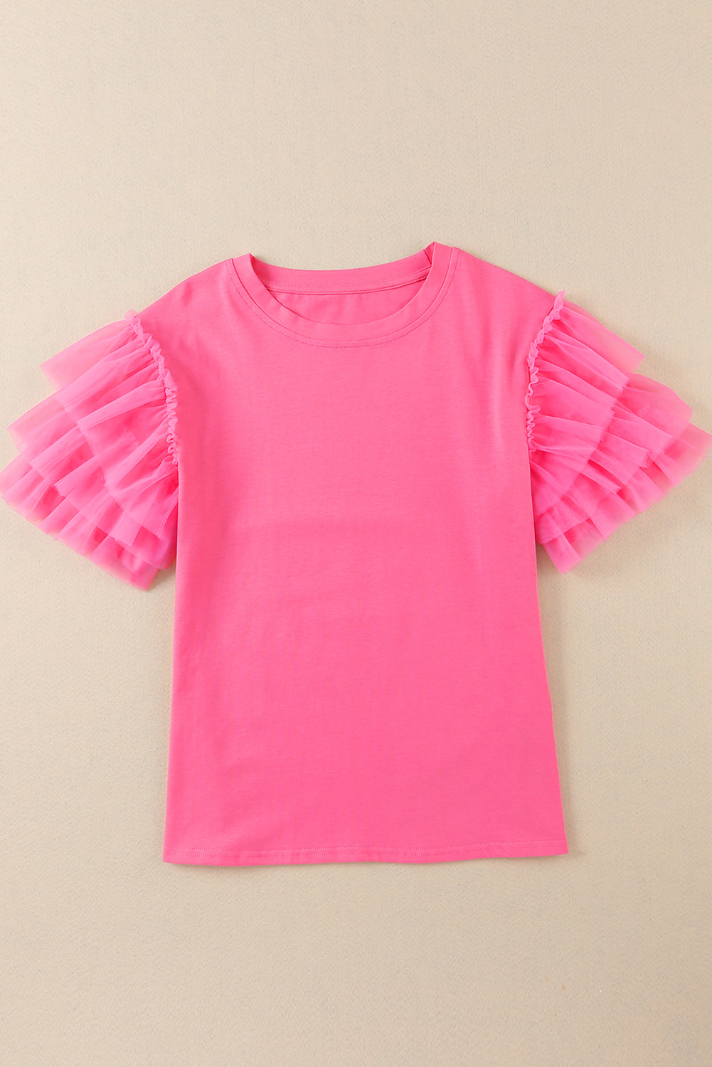 Pink Plain Round Neck Tulle Ruffle Sleeve Blouse Divine Design4U