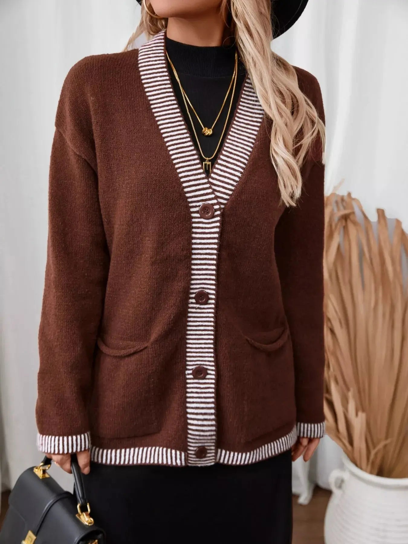 Striped Trim Button Front Pocket Knit Cardigan Simply Love