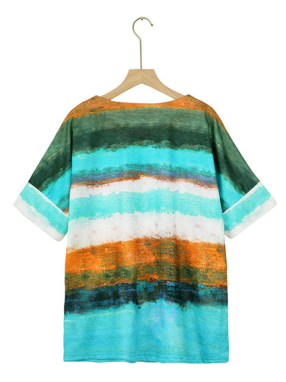 Full Size Color Block Round Neck Half Sleeve T-Shirt.