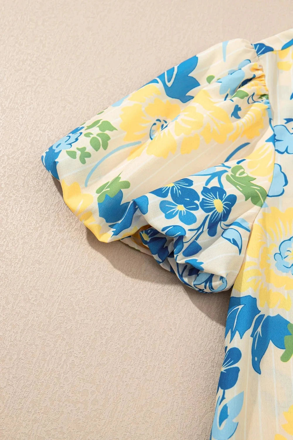 Floral Striped Trim Puff Short Sleeve Dress Simply Love