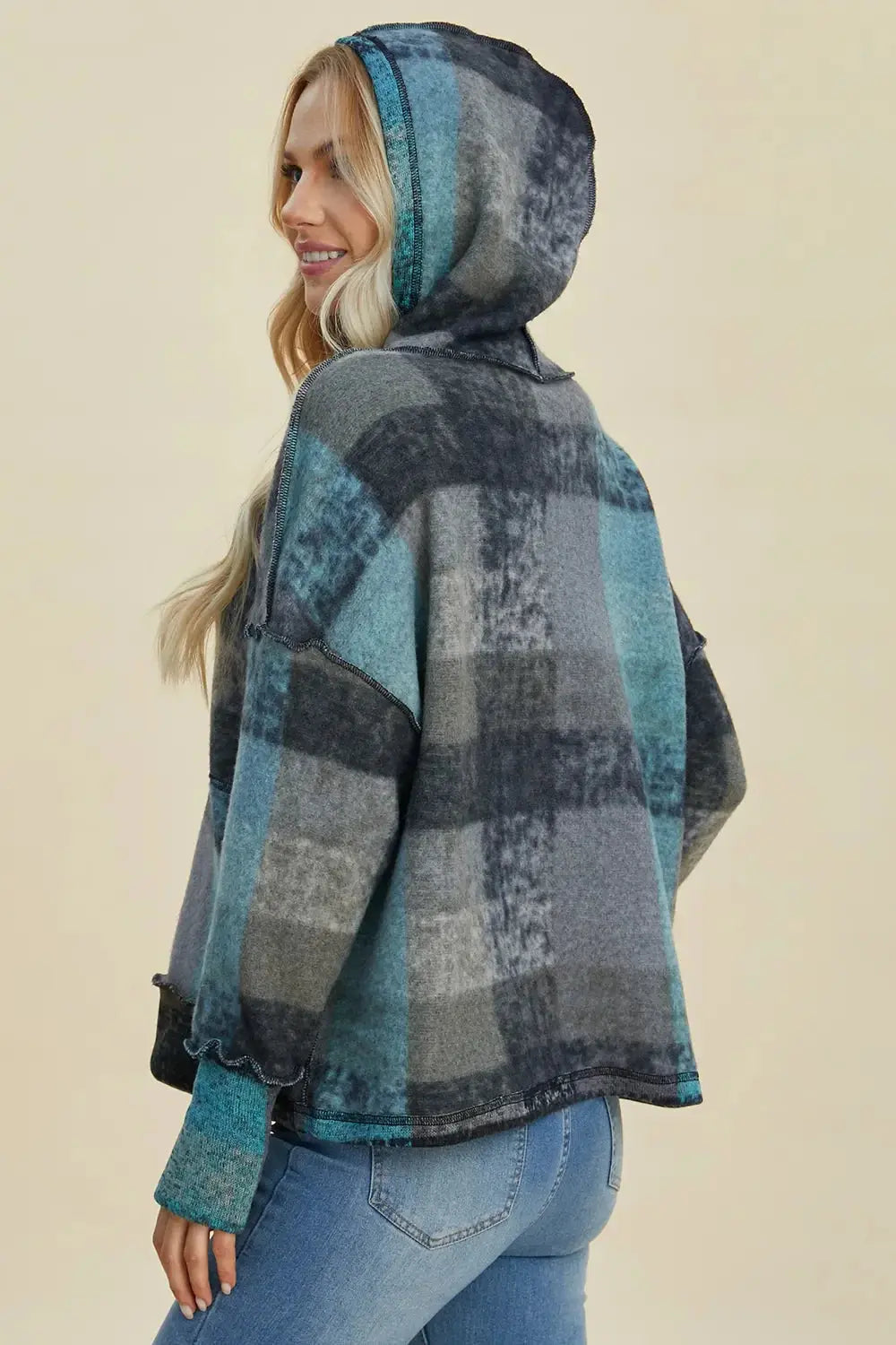 Double Take Full Size Plaid Dropped Shoulder Fleece Hoodie - Love Salve