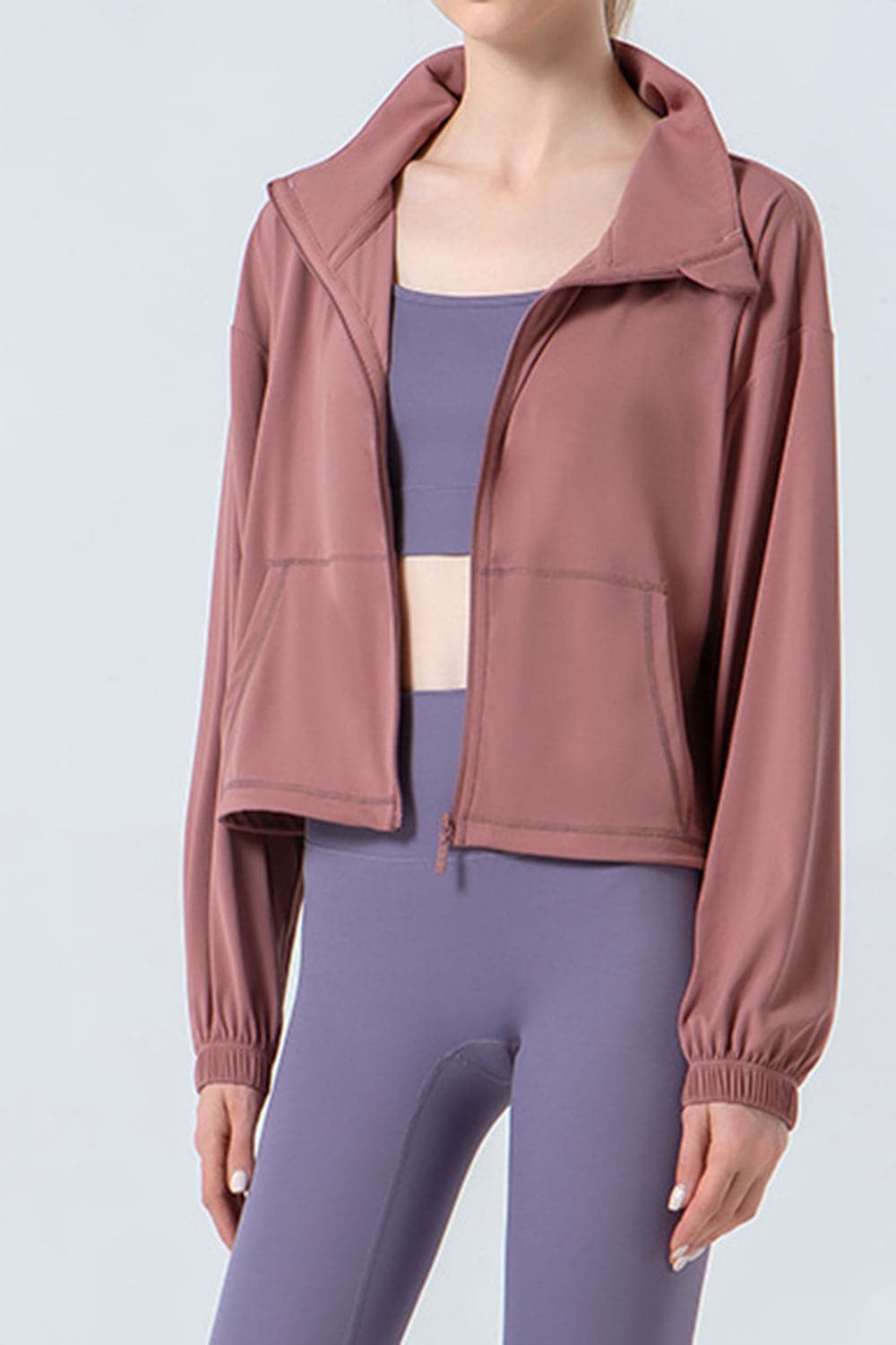 Drawstring Zip Up Dropped Shoulder Active Outerwear.