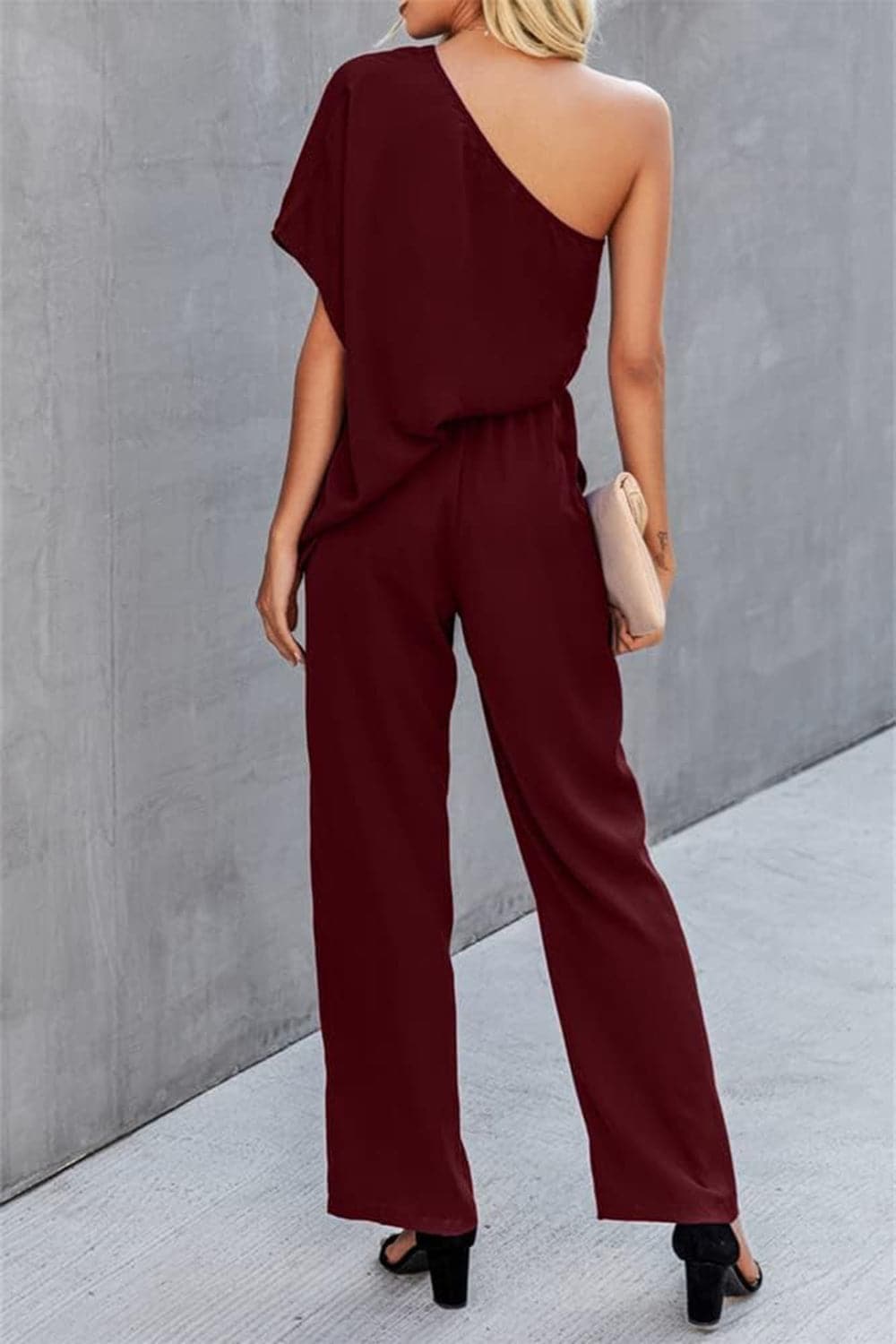 Single Shoulder Short Sleeve Jumpsuit.