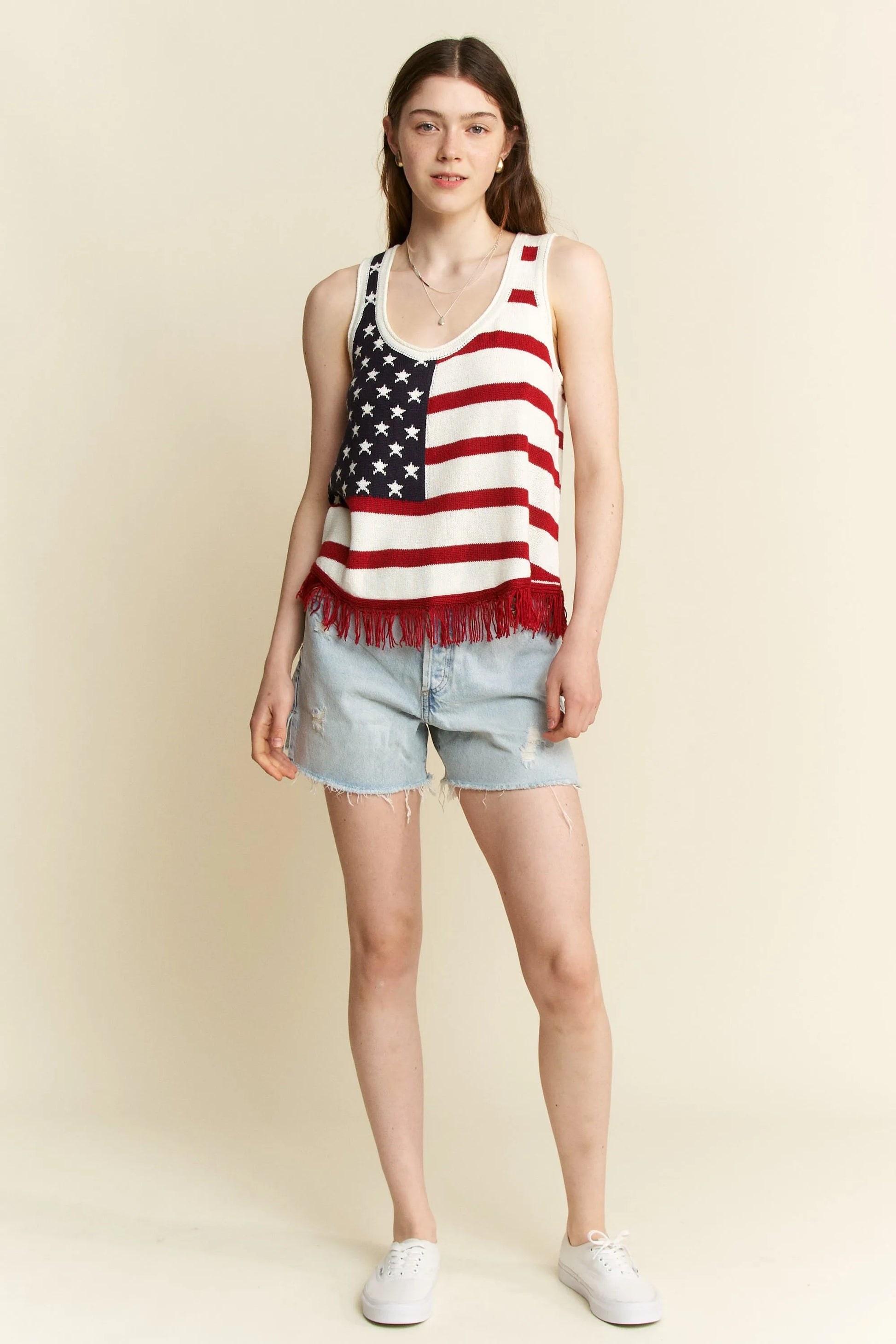 Jade By Jane Full Size American Flag Fringe Tank Top Plus Size - Love Salve 