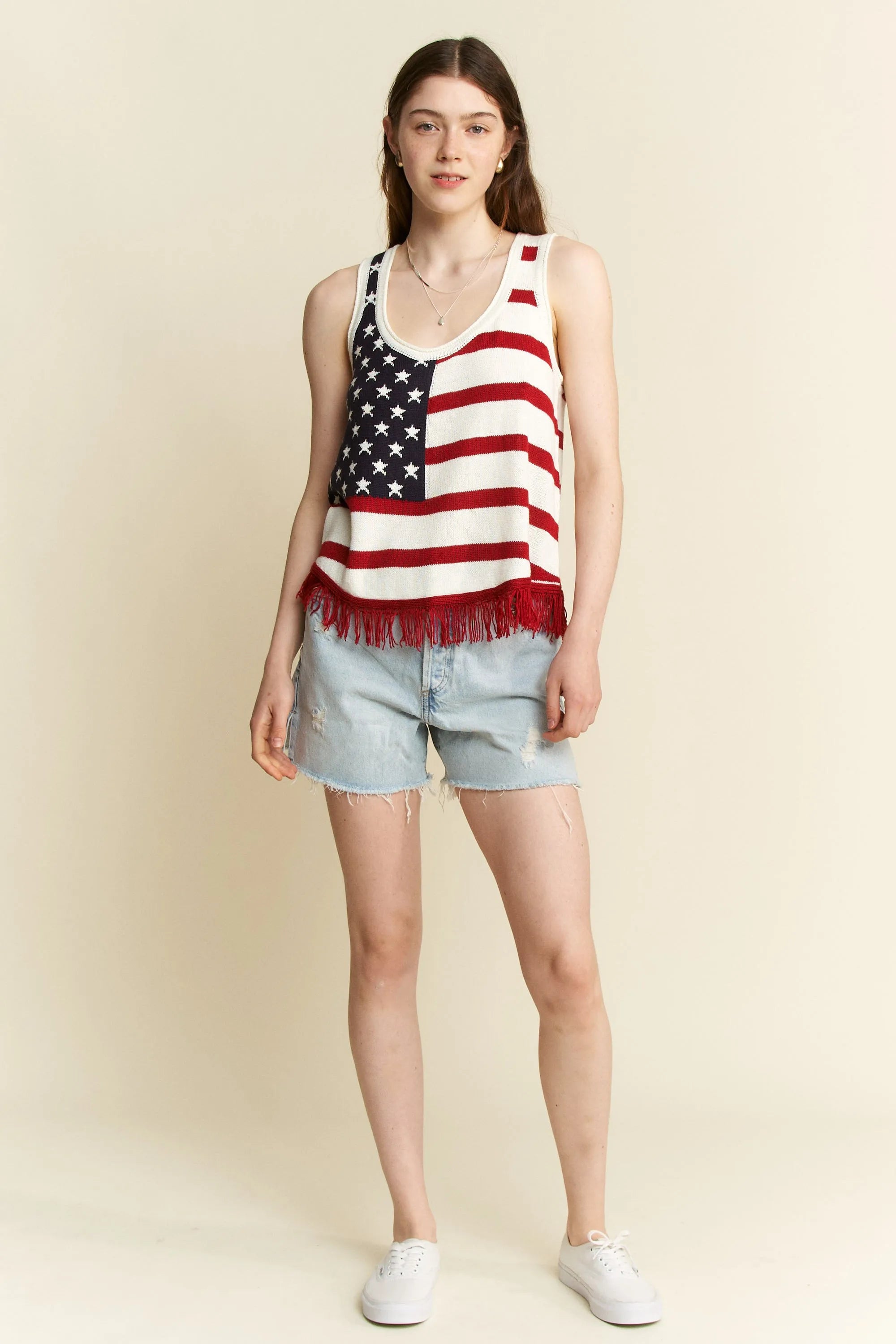 Jade By Jane Full Size American Flag Fringe Tank Top Plus Size - Love Salve 