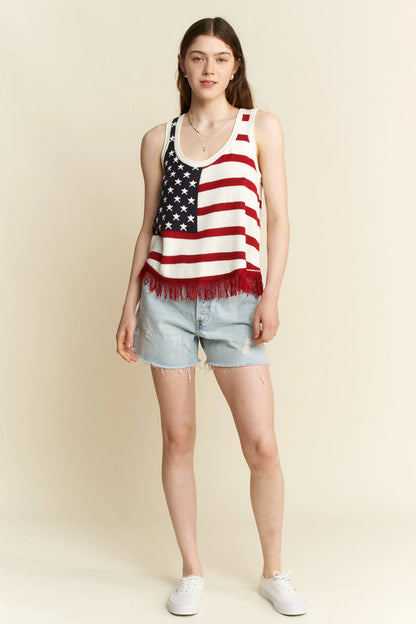 Jade By Jane Full Size American Flag Fringe Tank Top Plus Size - Love Salve 