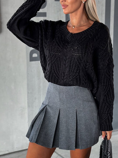 V-Neck Cable-Knit Long Sleeve Sweater.