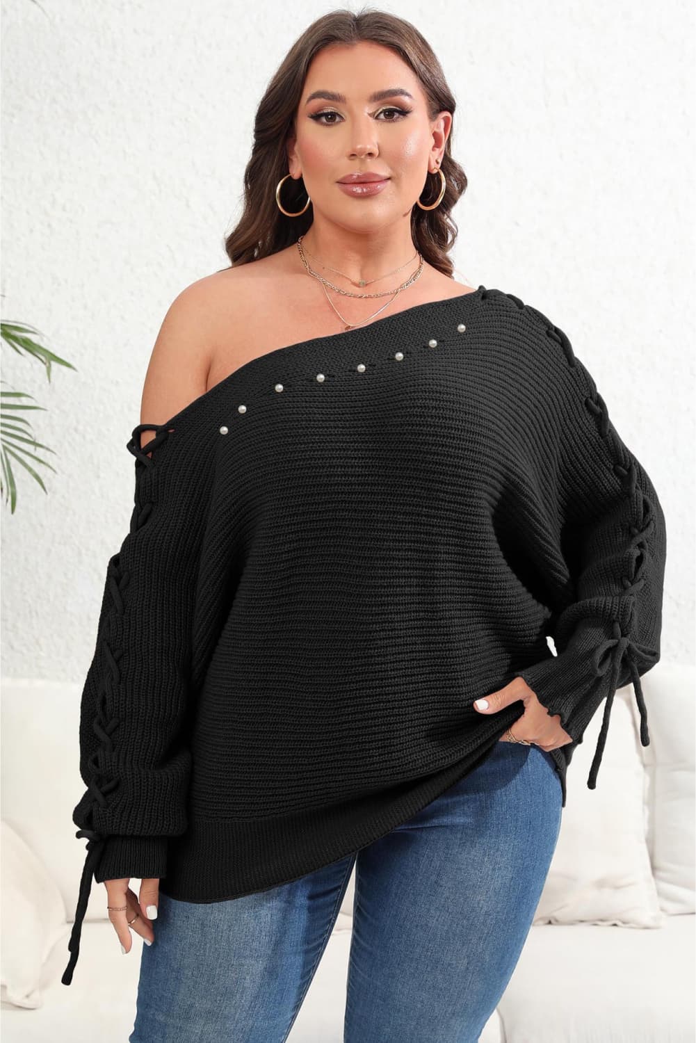 Plus Size One Shoulder Beaded SweaterPattern type: Solid
Style: Casual
Features: Tied
Neckline: One shoulder
Length: Long
Sleeve length: Long sleeves
Sleeve type: Regular sleeves
Material composition: 1Love Salve Shoulder Beaded Sweaterplus