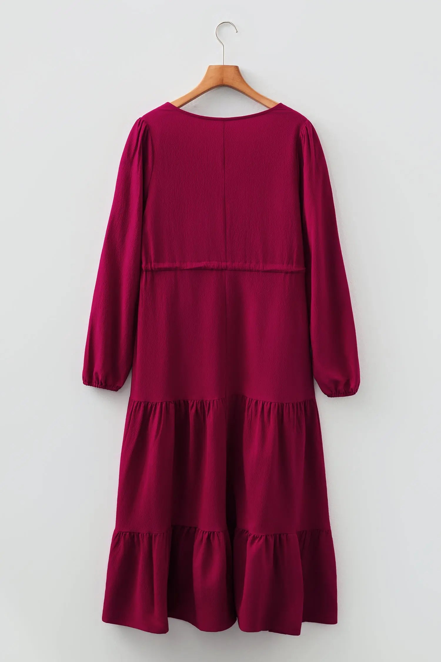 Burgundy Solid Long Sleeve Button Front V Neck Tiered Maxi Dress For Women Dear-Lover Dropshipping