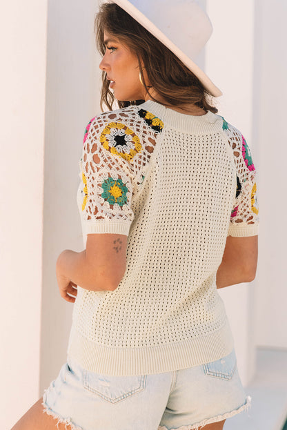 Apricot Floral Crochet Embroidered Short Sleeve Sweater with Hollow Out Design