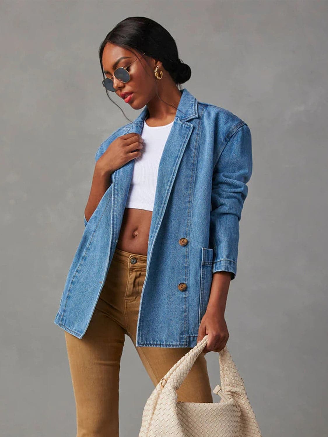 Collared Neck Long Sleeve Denim Jacket.