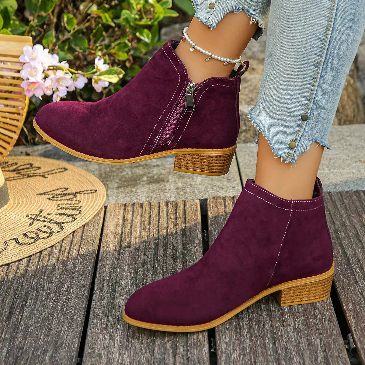 Burgundy Suede Point Toe Ankle Boots With Zipper Mid Heel Simply Love